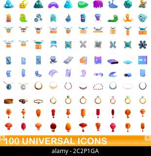 100 universal icons set. Cartoon illustration of 100 universal icons vector set isolated on white background Stock Vector