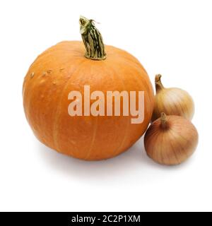 Fresh pumpkin variety and two bulbs isolated on white background Stock Photo
