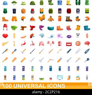 100 universal icons set. Cartoon illustration of 100 universal icons vector set isolated on white background Stock Vector