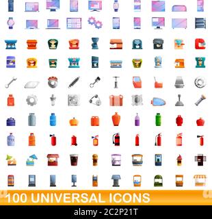 100 universal icons set. Cartoon illustration of 100 universal icons vector set isolated on white background Stock Vector