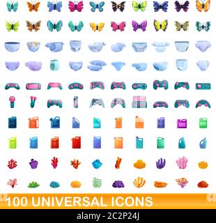 100 universal icons set. Cartoon illustration of 100 universal icons vector set isolated on white background Stock Vector