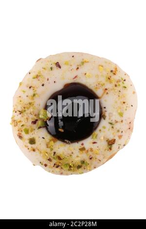 Donuts Set Isolated on White. Different type of donuts: with chocolate, pink with stripes, with glaze and colored splashes and sprinkled black cookie Stock Photo