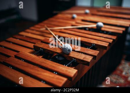 Xylophone with sticks closeup, nobody, wooden percussion instrument, vibraphone Stock Photo