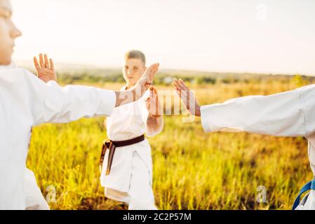 Junior karate team with instructor on training in summer field. Martial art workout outdoor, technique practice Stock Photo