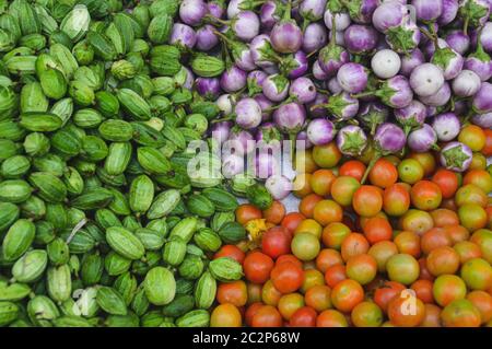 Fresh harvest of organically grown cucumbers, kermit eggplants and tomatoes Stock Photo