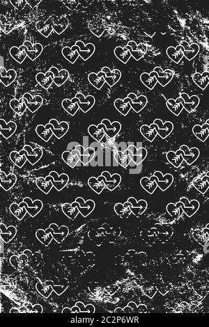 Grunge pattern with line art icons of double cupid hearts. Vertical black and white backdrop. Stock Vector