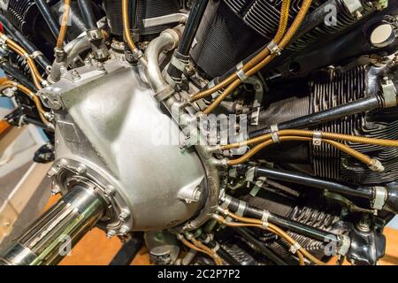 Propeller Engine Inside Old propeller aircraft inside, closeup of small metal vintage classic ...