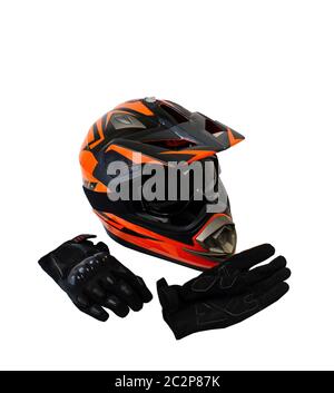 isolated on a white background motorcycle helmet and biker gloves Stock Photo