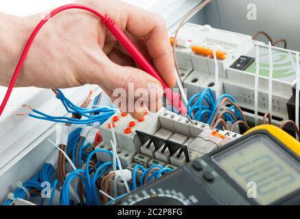 Hand of an electrician with multimeter probe at an electrical switchgear cabinet Stock Photo