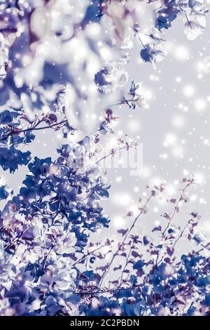 Christmas, New Years purple floral nature background, holiday card design, flower tree and snow glitter as winter season sale ba Stock Photo