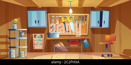 Garage interior with instruments, tools for carpentry and repair works. Empty workshop with Screwdriver, pliers and hammer hanging on board, workbench, toolbox and brushes. Cartoon vector illustration Stock Vector