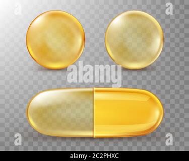 Capsules with oil, gold round and oval pills isolated on transparent background. Cosmetics, vitamin, omega 3 golden bubbles, antibiotic gel, serum droplets or collagen essence, realistic 3d vector set Stock Vector
