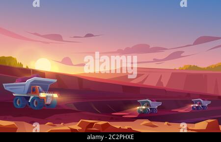 Quarry mining with heavy industrial machinery and transport. Dump trucks carry coal or metal ore at opencast. Pit dawn landscape, mine production, stone quarrying process. Cartoon vector illustration Stock Vector