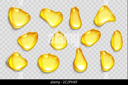 Drops of orange juice or oil, yellow liquid droplets of different shapes, honey blobs, golden colored syrup spots isolated on transparent background, realistic 3d vector illustration, icons set Stock Vector