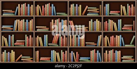 Bookshelf background, books on shelf in library, home, school or office interior. Volumes with color paperback stand in row and lying in pile on rack standing on floor, realistic 3d vector Stock Vector
