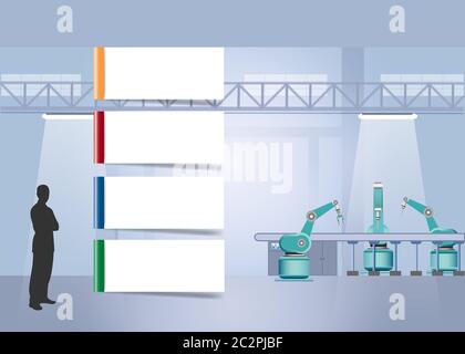 Industrial template infographics ready for your presentation. Robots are working on assembly line in factory interior. Silhouette of man is standing n Stock Photo