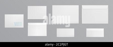 White envelope template. Vector realistic mockup of blank closed envelopes with transparent window, letter covers front and back view. Mock up of paper folder for business documents and messages Stock Vector