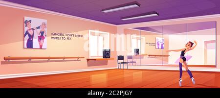 Ballerina dance in studio, ballet class with mirrors and wooden floor. Dancer girl rehearsal lesson in room with wall handrails and artist banners, training practice, cartoon vector illustration Stock Vector