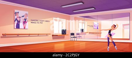 Ballerina dance in studio, ballet class with mirrors and wooden floor. Dancer girl rehearsal lesson in room with wall handrails and artist banners, training practice, cartoon vector illustration Stock Vector