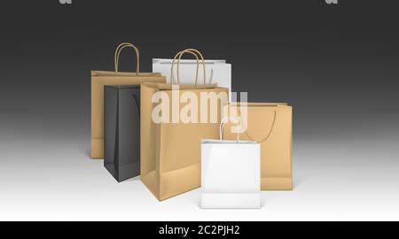 Paper shopping bags mockup, rectangular blank brown, white and black ecological packages with rope handles, packs isolated mock up for branding and corporate identity design, Realistic 3d vector set Stock Vector