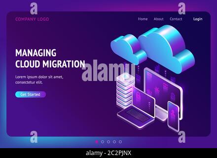 Digital data migration isometric landing page, cloud computing, media server, saas service for private information and files storage, gadgets connected in network system, web hosting 3d vector banner Stock Vector