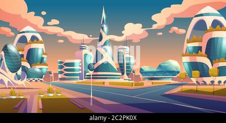 Future city, futuristic glass buildings of unusual shapes and green plants along empty road. Modern architecture towers and skyscrapers. Alien urban dwellings design, Cartoon vector illustration Stock Vector