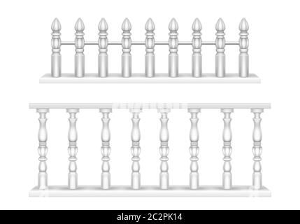 White marble balustrade, handrail for balcony, porch or garden in classic roman style. Vector realistic set of baroque stone railing, banister with pillars, antique fence with columns Stock Vector
