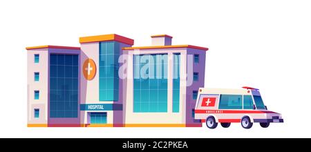 Hospital building and ambulance car isolated on white background. Vector cartoon illustration of medical clinic, urgent first aid service, emergency rescue and ambulatory service Stock Vector