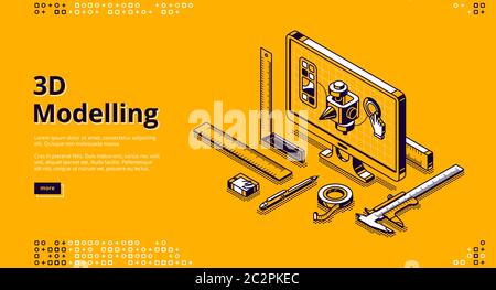 3D modelling banner. Software for digital render object, development design for print. Vector landing page with isometric model on computer screen and measure tools on yellow background Stock Vector