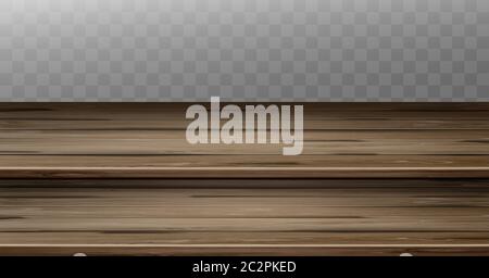 Vintage step tabletop, old junk wooden brown countertop with aged two-tier surface. Retro wood dining table, plank texture. Empty desk isolated on transparent background, realistic 3d vector mock up Stock Vector
