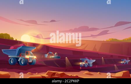 Quarry mining with miners, heavy industrial machinery and transport. Dump trucks carry coal or metal ore at opencast. Pit dawn landscape, mine production, stone quarrying. Cartoon vector illustration Stock Vector