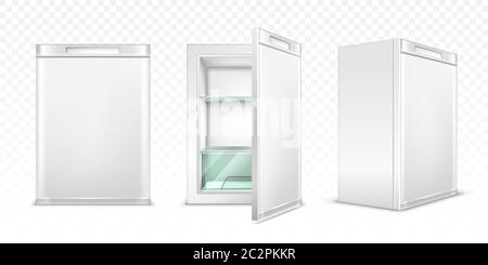 Mini refrigerator, empty white kitchen fridge with close and open door for fresh food or drinks. Realistic 3d vector cooler with glass shelves front and corner view isolated on transparent background. Stock Vector