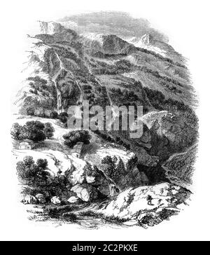 View Daphne Gardens, near Antioch, Syria, vintage engraved illustration. Magasin Pittoresque 1845. Stock Photo