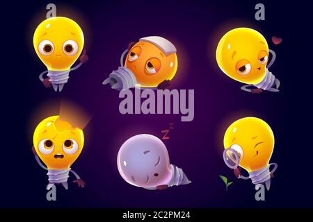 Funny light bulbs characters set. Sad and happy glowing, smiling, sleeping and fall in love, diseased and searching plant emotion, lamps isolated on dark background. Cartoon vector illustration, icon Stock Vector