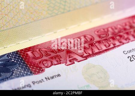 Closeup view of US visa in passport Stock Photo