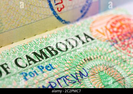 Close up of the visa of Cambodia in passport Stock Photo