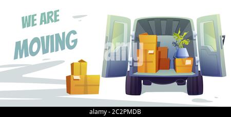 Furniture delivery banner with open truck and packing boxes inside. House moving concept. Vector cartoon illustration for relocation service with freight van for carry estate and cargo Stock Vector