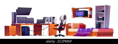 Bedroom interior of gamer, programmer or streamer. Vector cartoon set of furniture in teenager room with computer monitors on desk, chair, unmade bed and printer on shelf isolated on white background Stock Vector