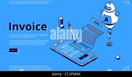 Invoice isometric landing page. Large bill for tax or service payment and smartphone screen with interface, ai. Shopping, banking, accounting paycheck, smart technologies 3d vector line art web banner Stock Vector