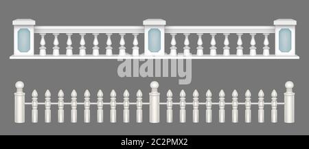 White marble balustrade, handrail for balcony, porch or garden in classic roman style. Vector realistic set of stone railing sections, banister with pillars and decorative columns Stock Vector