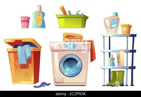 Laundry equipment, bathroom stuff washing machine, basket for dirty linen, shelf for detergents, toolbox with diy instruments, rubber boots isolated on white background. Cartoon vector illustration Stock Vector