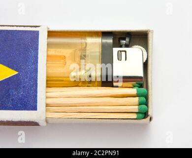 Cigarette lighter and matches in matchbox Stock Photo