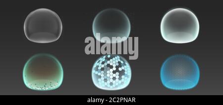 Bubble shields, protection force fields. Vector realistic set of safety energy barrier, security defence in transparent sphere with grid pattern isolated on gray background Stock Vector