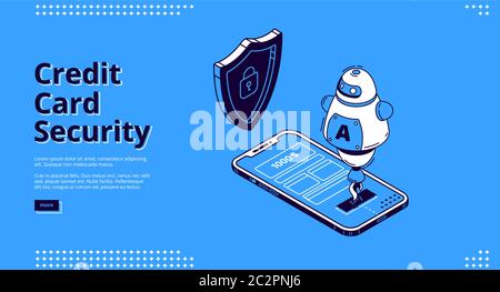 Credit card security isometric landing page. Robot and shield at smartphone with payment app on screen. Secure money online transaction, nfc finance technology protection 3d vector line art web banner Stock Vector