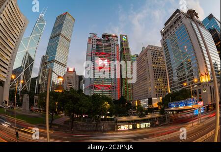 The famous Mandarin Oriental Hotel, HSBC bank and the Hong Kong Shanghai, HSBC, and the Standard Chartered bank, Central financial district, Hong Kong Stock Photo