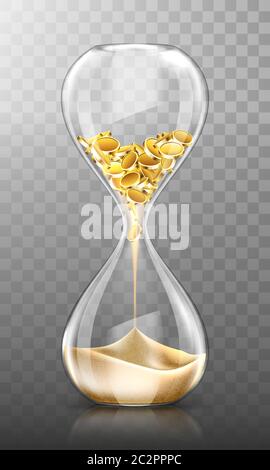 Time is money, hourglass with falling gold coins turn into sand isolated on transparent background. Glass clock, finance success, patience, business capital increasing Realistic 3d vector illustration Stock Vector