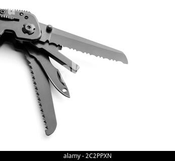 Black opened multitool knife isolated on white Stock Photo