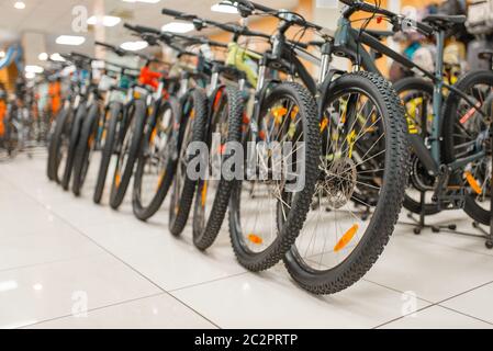 Rows of mountain bicycles in sports 