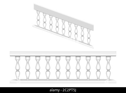 White marble balustrade for balcony, porch or garden and handrail for staircase in classic roman style. Vector realistic set of baroque stone railing, banister with pillars, antique fence with columns Stock Vector