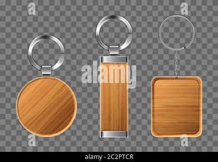 Wooden keychains, keyring holders with metal rings. Brown wood accessories, gift or souvenir trinkets for home, car or office isolated on transparent background. Realistic 3d vector icons, mockup set Stock Vector